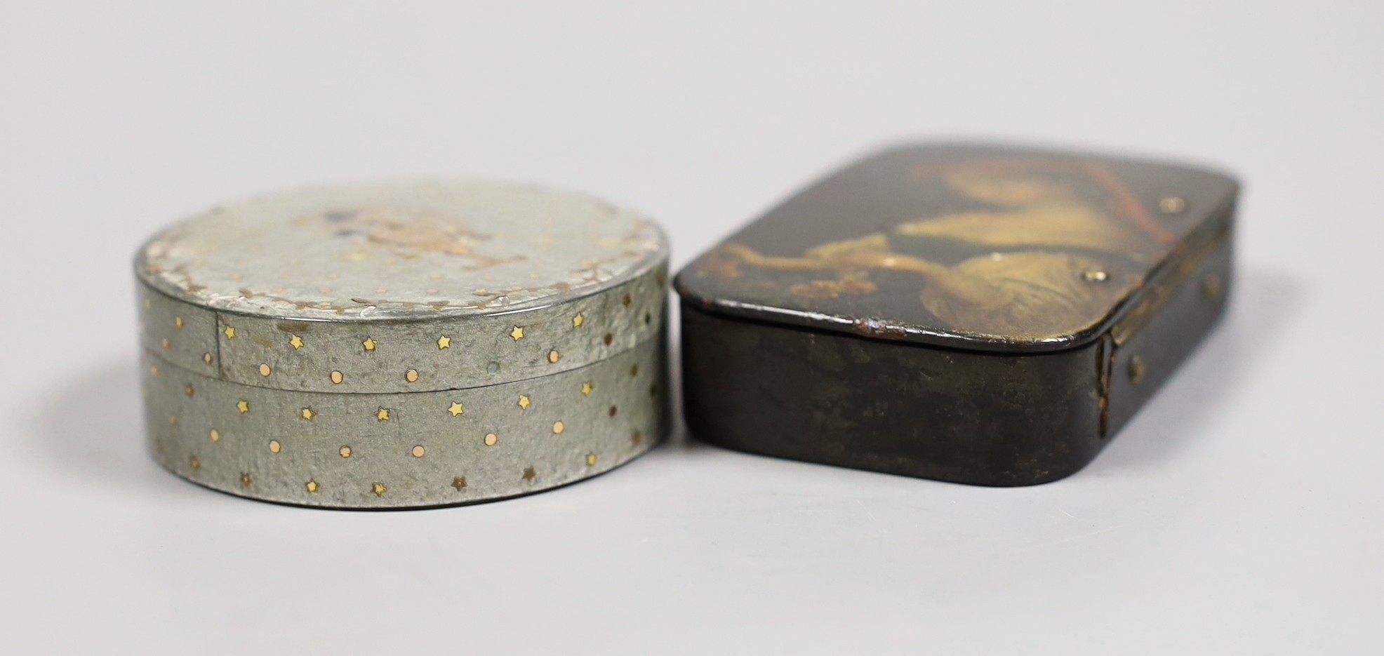 A 19th century painted papier mache snuff box depicting a lady, a yellow metal piquet box and a 9ct marked yellow metal brooch